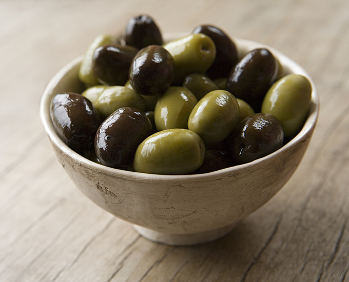 Bowl of Green and Black Olives