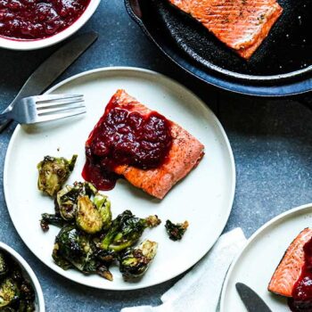 Pan-Seared Salmon with Spiced Cranberry Sauce and Brussels Sprouts Salad