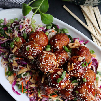Sweet & Spicy Asian Meatballs with Ramen Noodle Salad