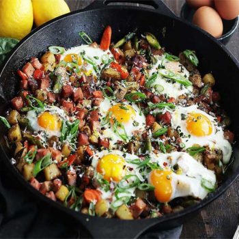 Spring Vegetable Hash with Ham and Eggs