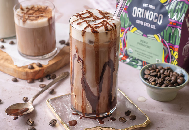 Mocha Iced Coffee with Vanilla Cold Foam and Orinoco Packaging
