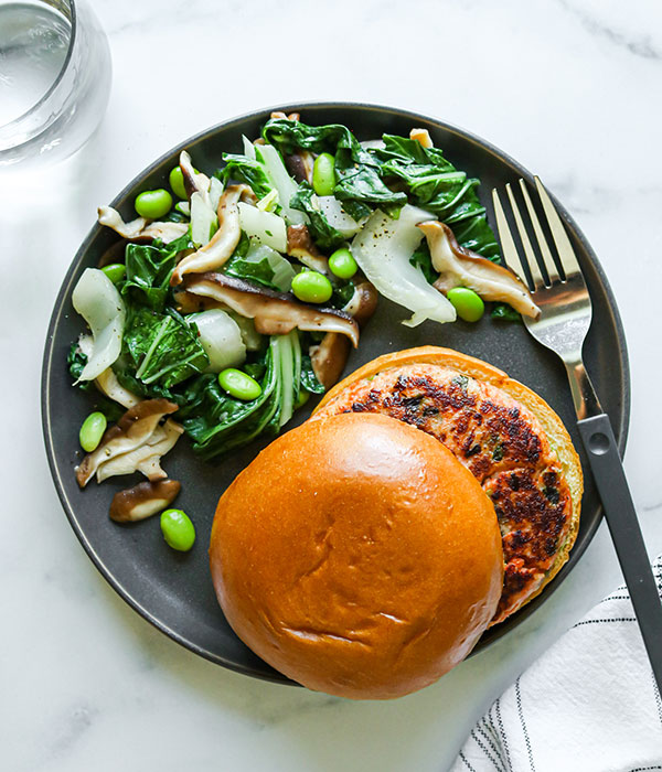 Asian Vegetables with a Seafood Burger