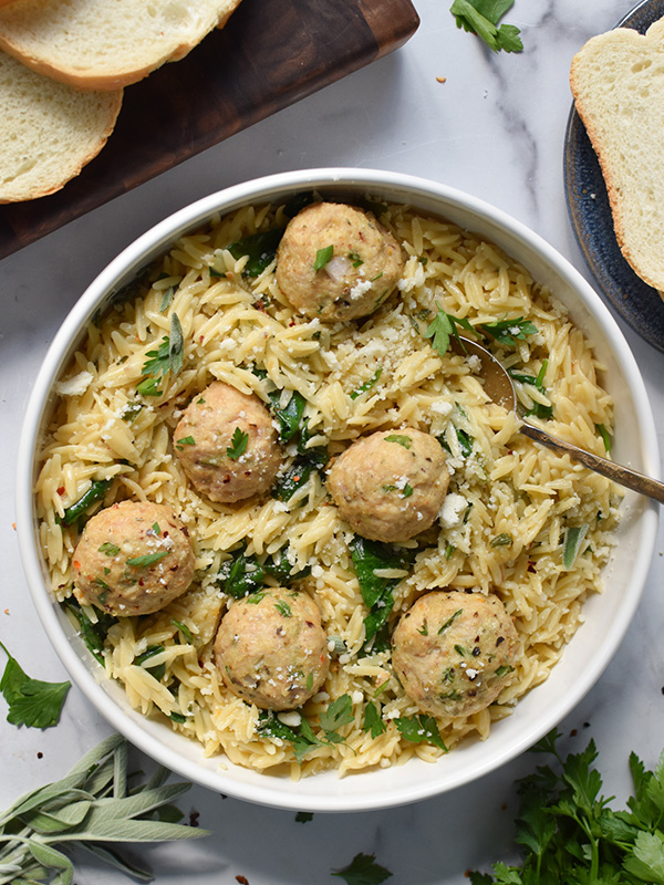 Baked Sage Chicken Meatballs with Parmesan Orzo