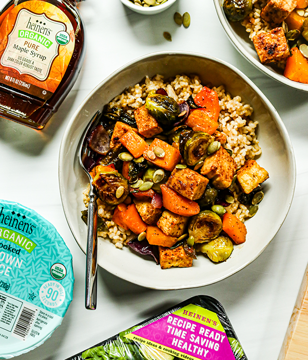 Maple Balsamic Roasted Vegetables and Tofu Rice Bowls 