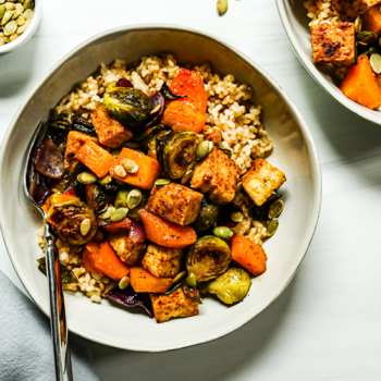 Maple Balsamic Roasted Vegetables and Tofu Rice Bowls