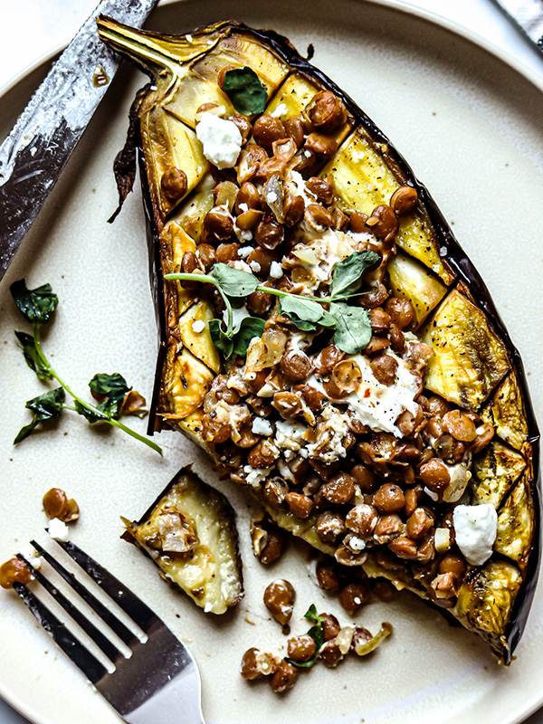 Lentil Stuffed Eggplant with Goat Cheese