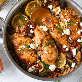 One Skillet Greek Sundried Tomato Chicken with Farro