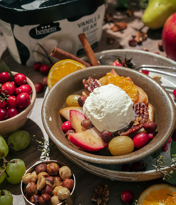 Spiced Hot Fruit Bake with Scoop of Ice Cream