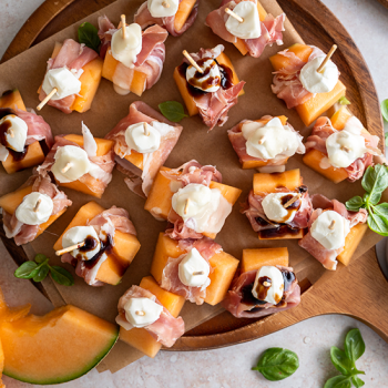 Prosciutto Melon Bites with Goat Cheese and Honey Drizzle