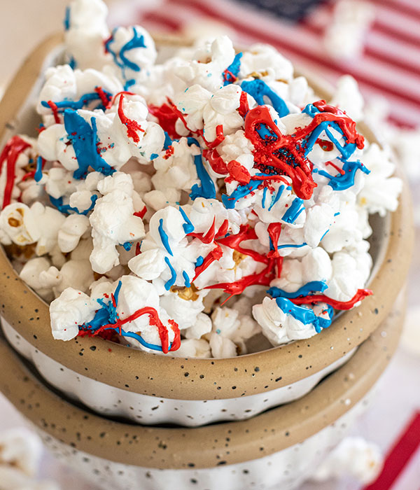 Red White and Blue Chocolate Drizzled Popcorn