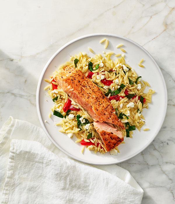 Daily Bites Two Brothers Salmon on Spinach and Feta Orzo Salad