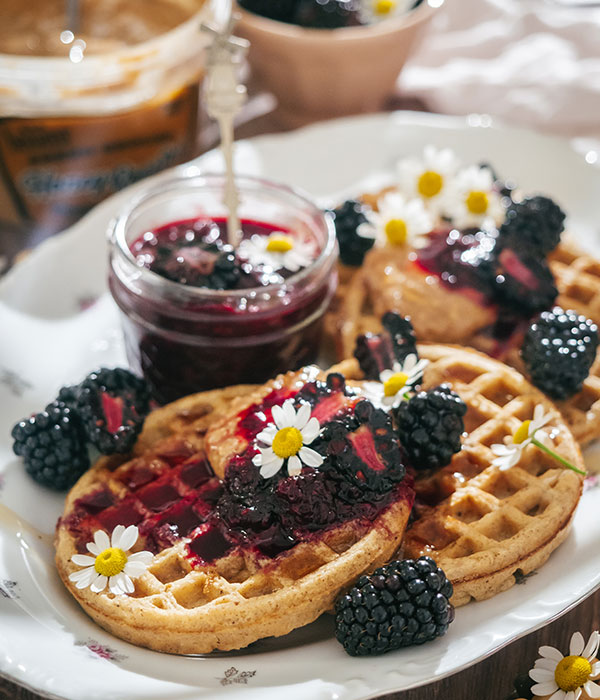 Honey Roasted Peanut Butter and Blackberry Compote Waffles
