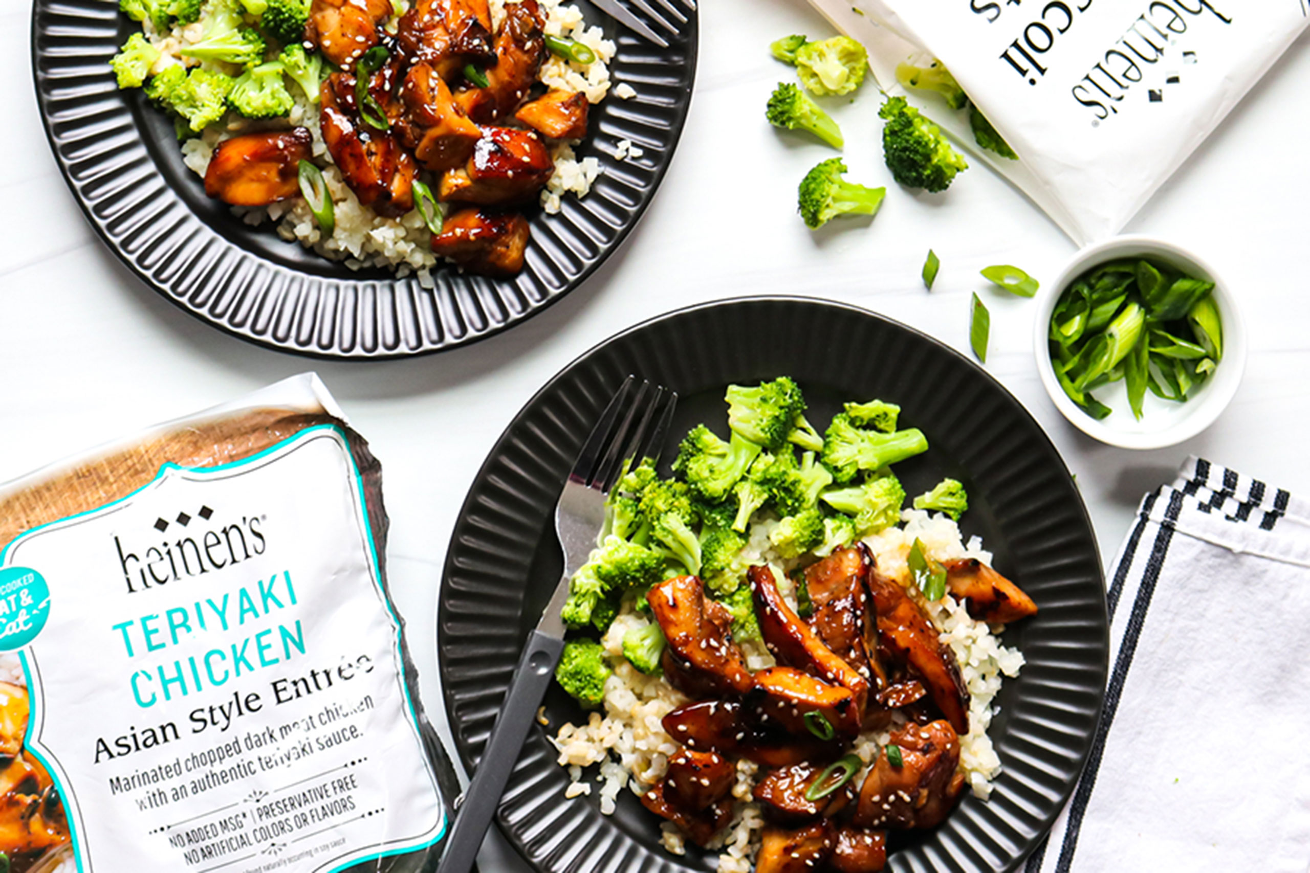 Teriyaki Chicken and Broccoli in Bowls with Heinen's Packaging