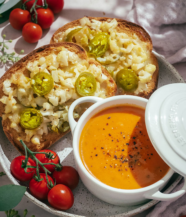 Cheesy Jalapeno Cauliflower Melt with Tomato Basil Bisque