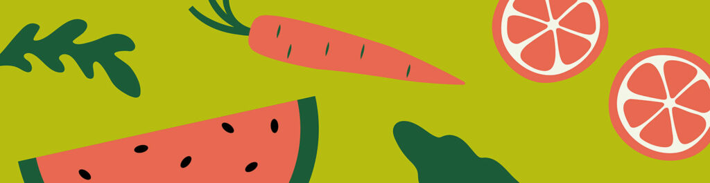 An animated graphic of a watermelon slice, carrots, leafy greens and sliced citrus on a green background