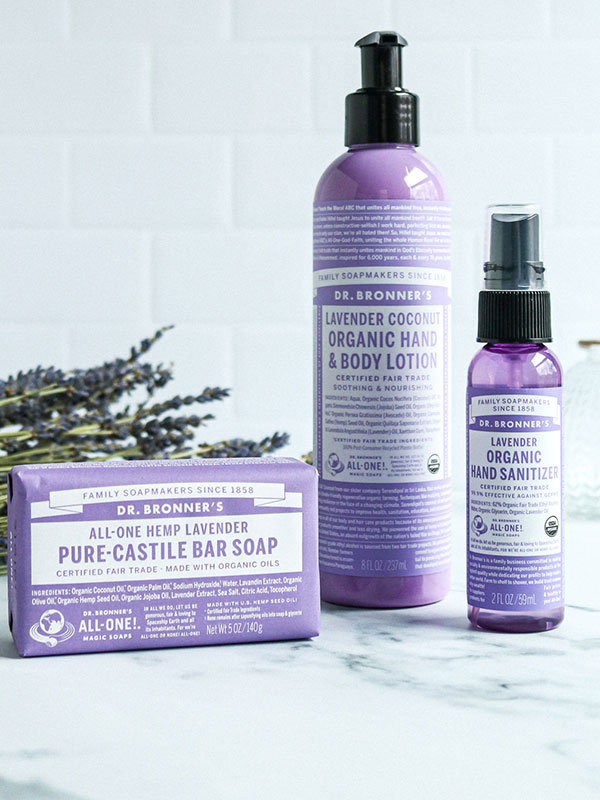Dr. Bronner's Hand Soaps and Sprays with Fresh Lavender Sprigs