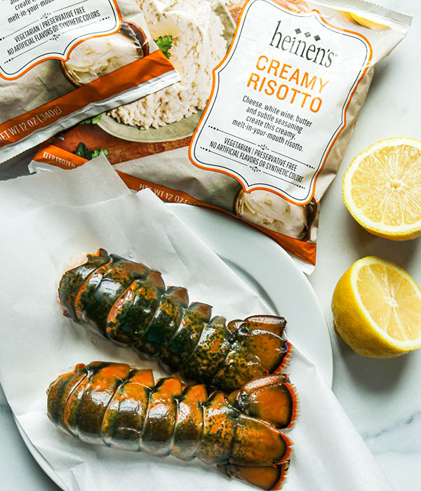 Fresh Lobster Tails, Two Bags of Heinen's Frozen Creamy Risotto and Fresh Lemons