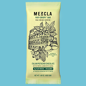 Mezcla Plant Protein Bar in Packaging on a Light Blue Background