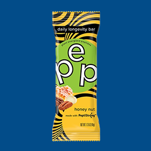 PEP Daily Longevity Bar in Packaging on a Dark Blue Background