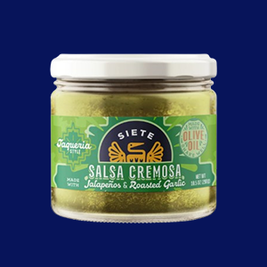 Siete Green Salsa Cremosa Jar on a Blue Background