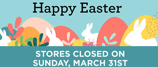 Heinen's Closed for Easter Graphic with Pastel Colored Bunnies and Easter Eggs