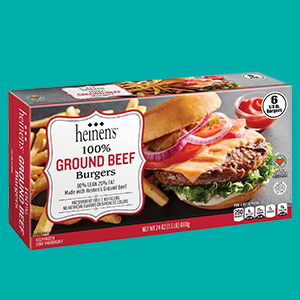 A Box of Heinen's 100% Ground Beef Burgers on a Teal Blue Background