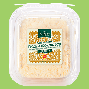 A Package of Heinen's Grated Pecorino Romano on a Lime Green Background