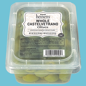 Heinen's WHole Castelvetrano Olives in their Packaging on a Vibrant Blue Background