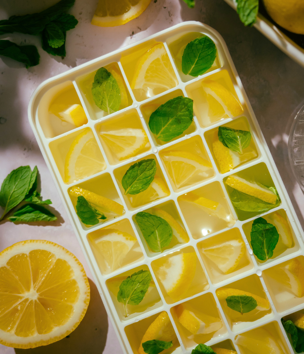 lemon slices and mint leaves in white icecube tray