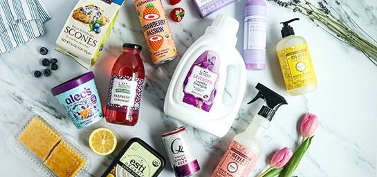 A Collection of Spring Foods, Drinks and Cleaning Products on a Marble Surface