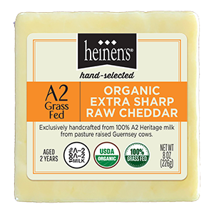 A Block of Heinen's Organic A2 Grass Fed Extra Sharp Raw Cheddar