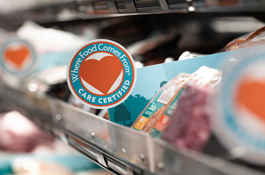 The Where Food Comes From CARE Certified Logo on a Shelf in Heinen's Meat Department 