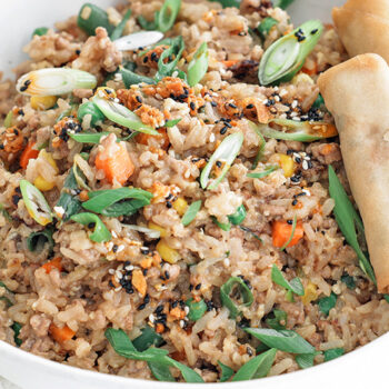 Pork Fried Rice in a Bowl with Vegetable Spring Rolls