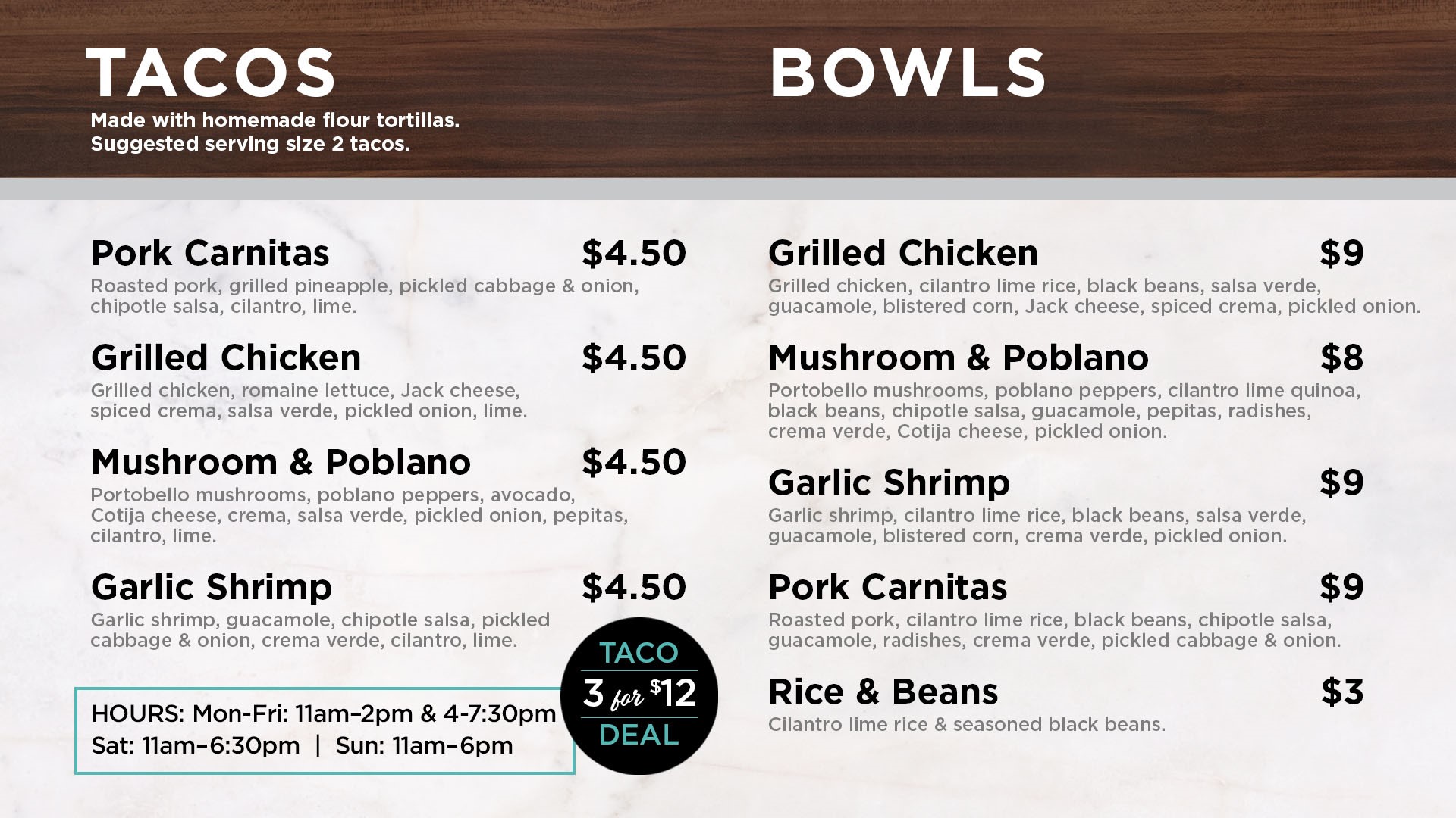 Heinen's Tasting Room Menu Featuring Tacos and Bowls