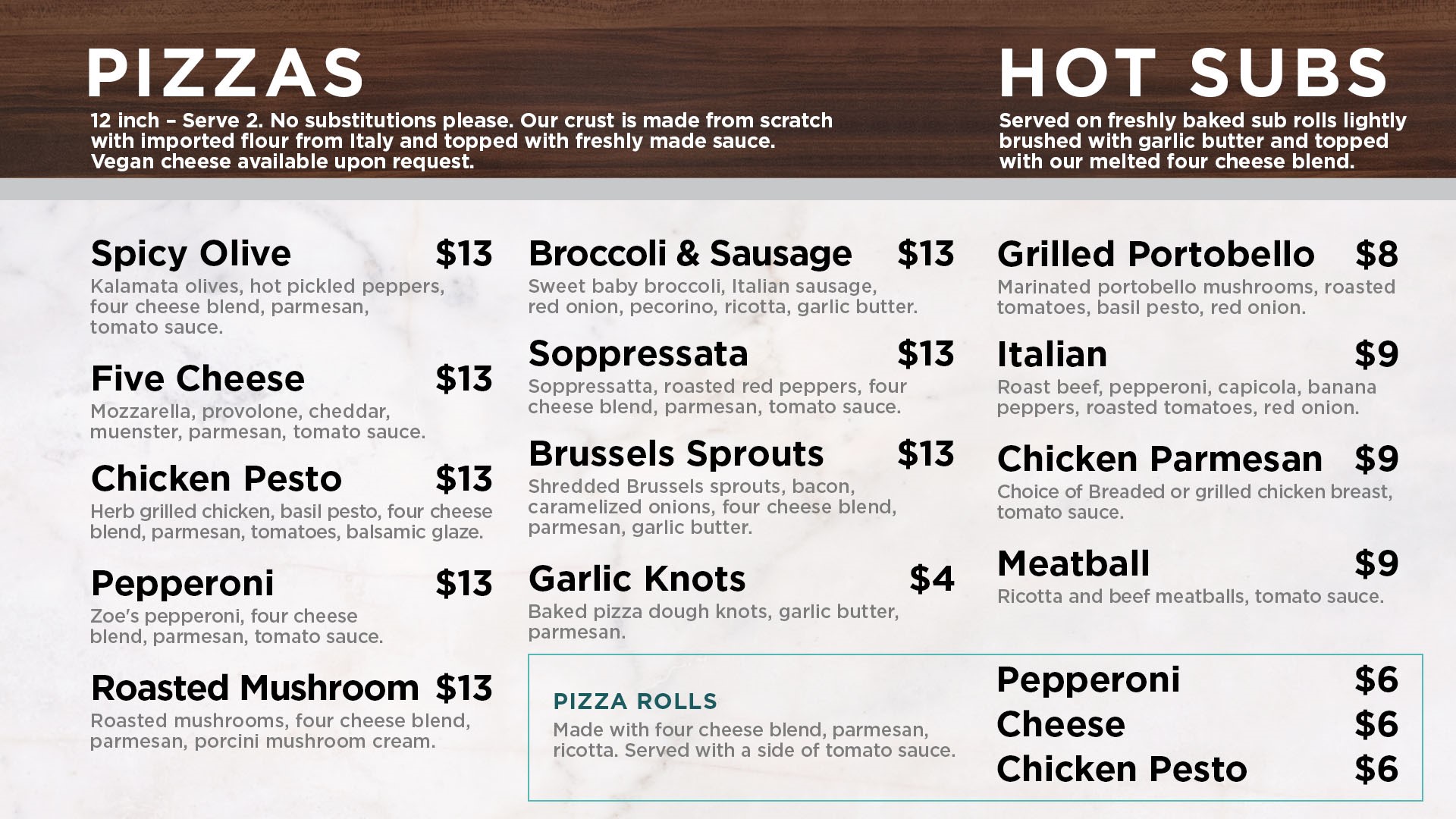 Heinen's Tasting Room Menu Featuring Pizzas and Hot Subs